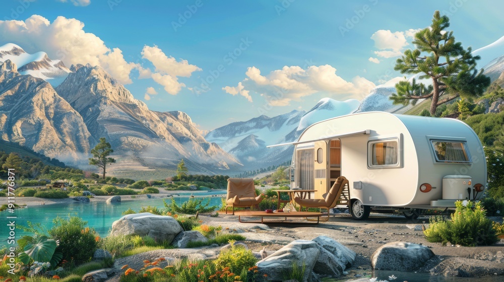 cute caravan with chairs and mountains in the background cute caravan with chairs and mountains in the background