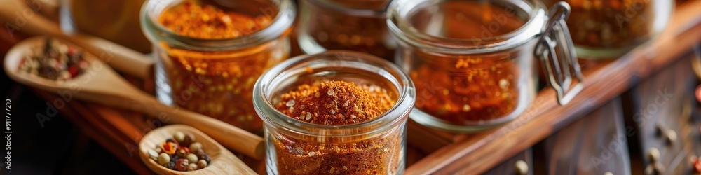 Close up of Bumbu Dasar or Indonesian Basic Spice Paste in glass jars on wooden rack with wooden spoons Close up of Bumbu Dasar or Indonesian Basic Spice Paste in glass jars on wooden rack with wooden spoons
