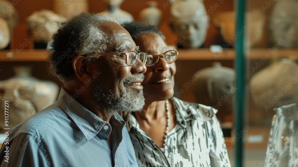 An elderly couple explores cultural artifacts in a museum, appreciating the history around them An elderly couple explores cultural artifacts in a museum, appreciating the history around them