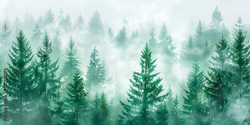 Obraz premium A landscape of peace, a pine forest with mist passing through the leaves.