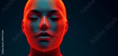 Artificial Intelligence Concept - Abstract Digital Portrait with Futuristic Face in Vibrant Red and Blue Lights