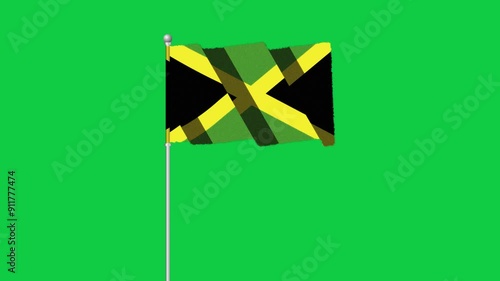 4K JAMAICA  flag old animation with pole waving on chroma key green screen