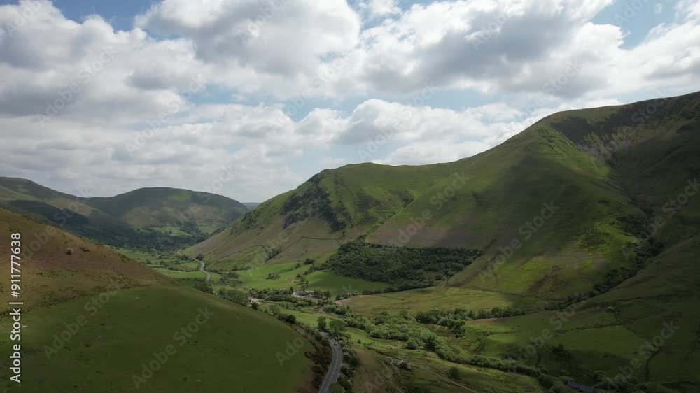 Aerial video over green fields in Mawddwy UK Aerial video over green fields in Mawddwy UK