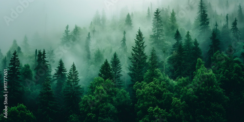 Meditation and hiking in a pine forest surrounded by mist photo