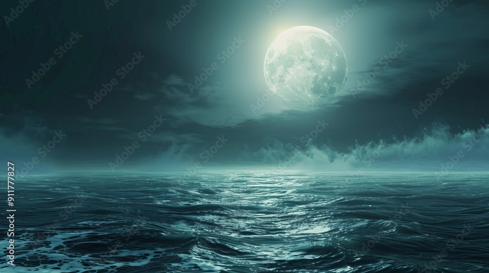Moonlit ocean waves under a cloudy night sky. Moonlit ocean waves under a cloudy night sky.