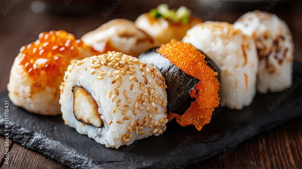 Traditional Japanese food Sushi. The plate features sushi rolls with ingredients like sesame seeds, nori, fish roe, and distinct fillings, all arranged on a slate board. Traditional Japanese food Sushi. The plate features sushi rolls with ingredients like sesame seeds, nori, fish roe, and distinct fillings, all arranged on a slate board.