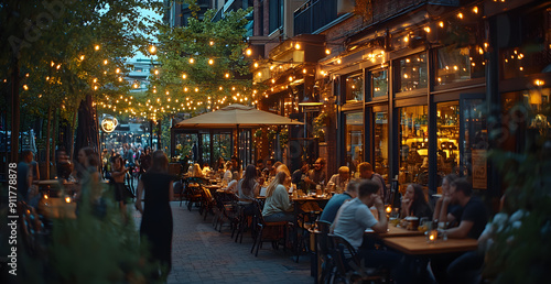 A busy outdoor restaurant with people sitting at tables