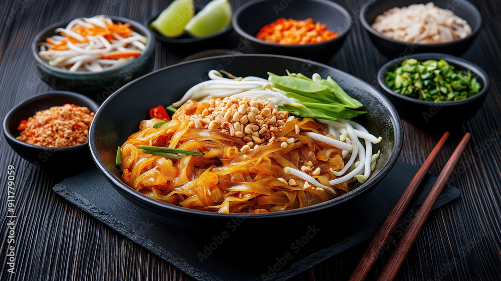 Traditional Thai food Pad Thai is presented in the image. It features stir-fried rice noodles, bean sprouts, fresh lime wedges, crushed peanuts, and various herbs and spices in small bowls. Traditional Thai food Pad Thai is presented in the image. It features stir-fried rice noodles, bean sprouts, fresh lime wedges, crushed peanuts, and various herbs and spices in small bowls.