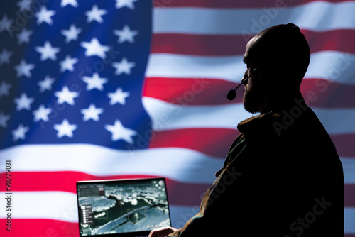 Canvas Print United States army dispatcher using headphones microphone, offering information to commanders fighting on front lines