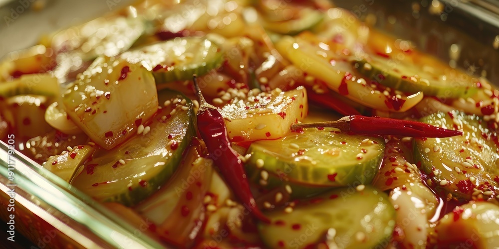 Close up of Korean pickled cucumber and melon with red and green pepper on a Kimchi box in South Korea Close up of Korean pickled cucumber and melon with red and green pepper on a Kimchi box in South Korea