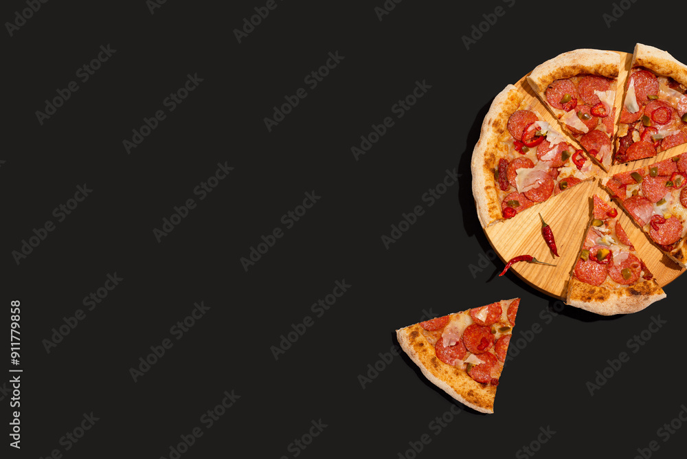 Wooden board with tasty pizza salami with chili pepper on black background. Top view Wooden board with tasty pizza salami with chili pepper on black background. Top view