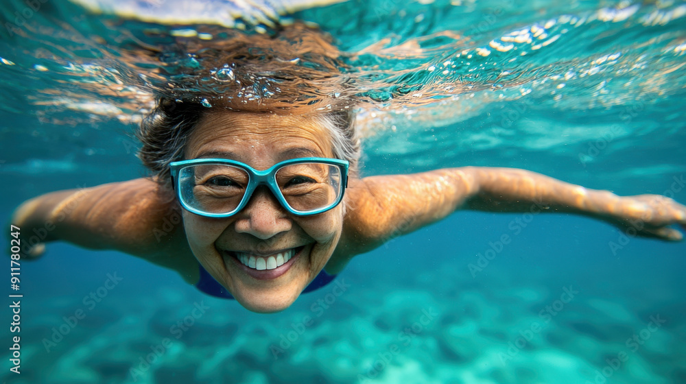 Fototapeta premium Happy Older Korean Woman Swimming Underwater