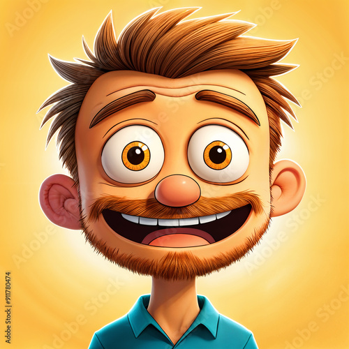 Cartoon man with a beard and mustache, wearing a blue shirt, smiling broadly at the viewer. His hair is styled upwards, giving him a playful appearance.