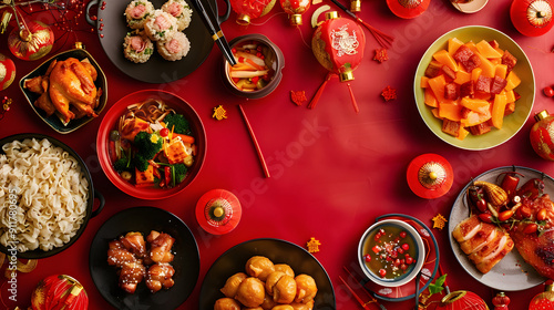 Top view of delicious chinese food meal on red table background for celebration Chinese New Year