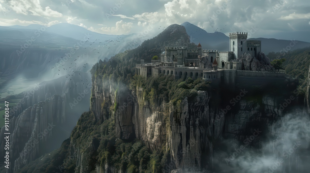 Fototapeta premium 3D render of a fantasy castle perched on a cliff with surrounding magical landscapes