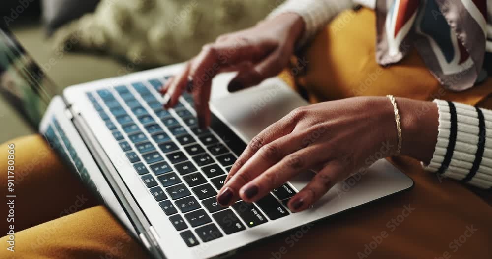 Woman, hands and typing with laptop for research, browsing internet or email on sofa at home. Closeup of young female person writing on computer for communication, web app or online review at house Woman, hands and typing with laptop for research, browsing internet or email on sofa at home. Closeup of young female person writing on computer for communication, web app or online review at house