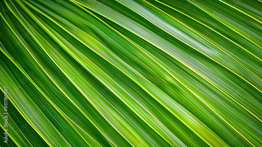 Detailed view of green palm leaf with striped pattern. Detailed view of green palm leaf with striped pattern.