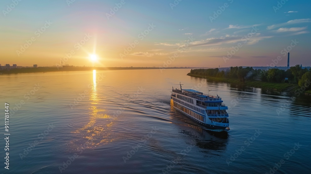 Cruise ship on peaceful river at sunset, beautiful view. Cruise ship on peaceful river at sunset, beautiful view.