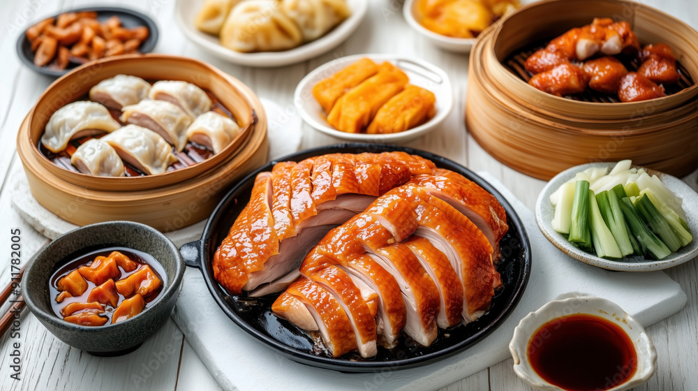 Traditional Chinese food Peking Duck with crispy skin, sliced and served on a platter. Accompanied by steamed dumplings, green onions, dipping sauces, and side dishes. Traditional Chinese food Peking Duck with crispy skin, sliced and served on a platter. Accompanied by steamed dumplings, green onions, dipping sauces, and side dishes.