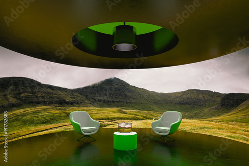 Modern interior with green landscape view on a screen