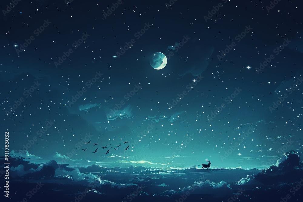 Fototapeta premium Minimalist iPhone wallpaper featuring dark blue night sky with stars, crescent moons, and forest silhouettes