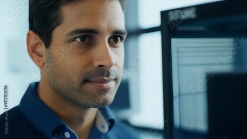 A closeup portrait of an IT spet appearing confident and in control as they oversee the installation of a new network system in the office. photo