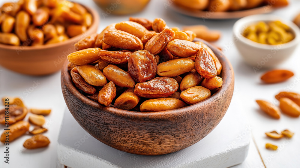Fototapeta premium Traditional Moroccan food Mrouzia. The image shows a bowl filled with caramelized almonds, which are a common component in Mrouzia, a sweet and savory Moroccan dish.