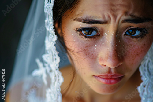 A bride with a sad facial expressionn photo