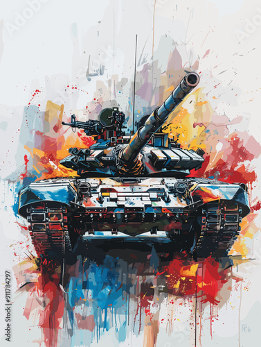 War Concept. Military tank on a background of watercolor splashes.