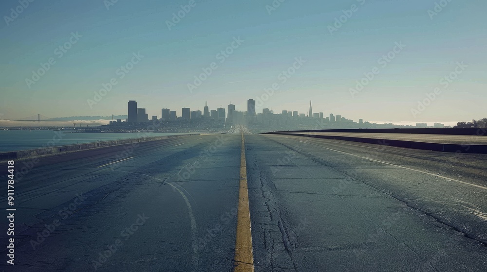 Fototapeta premium The road is empty and the city skyline is subtle and unobtrusive.