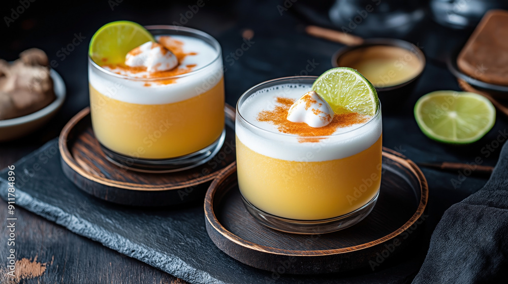 Traditional Peruvian food Pisco Sour. Two glasses with a frothy, golden-yellow drink, garnished with a slice of lime and a sprinkle of cinnamon. Traditional Peruvian food Pisco Sour. Two glasses with a frothy, golden-yellow drink, garnished with a slice of lime and a sprinkle of cinnamon.