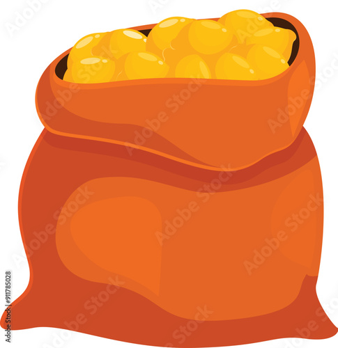Full orange bag is overflowing with gold coins illustrating wealth, abundance, and riches