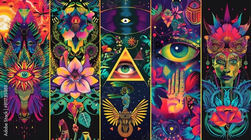 Psychedelic designs with eyes, flowers, and abstract shapes