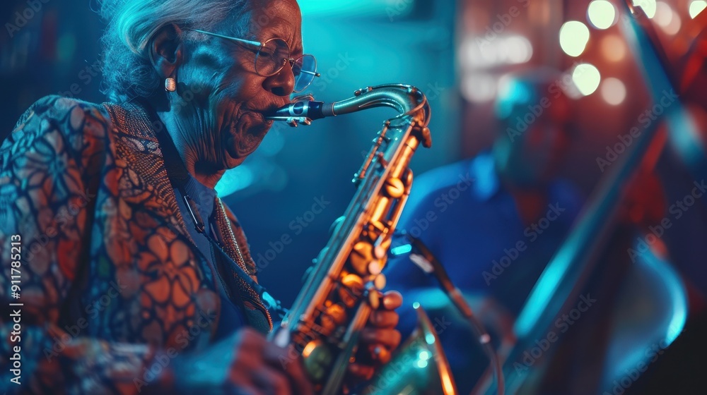 An elderly musician captivates the audience with soulful saxophone melodies during a lively jazz performance