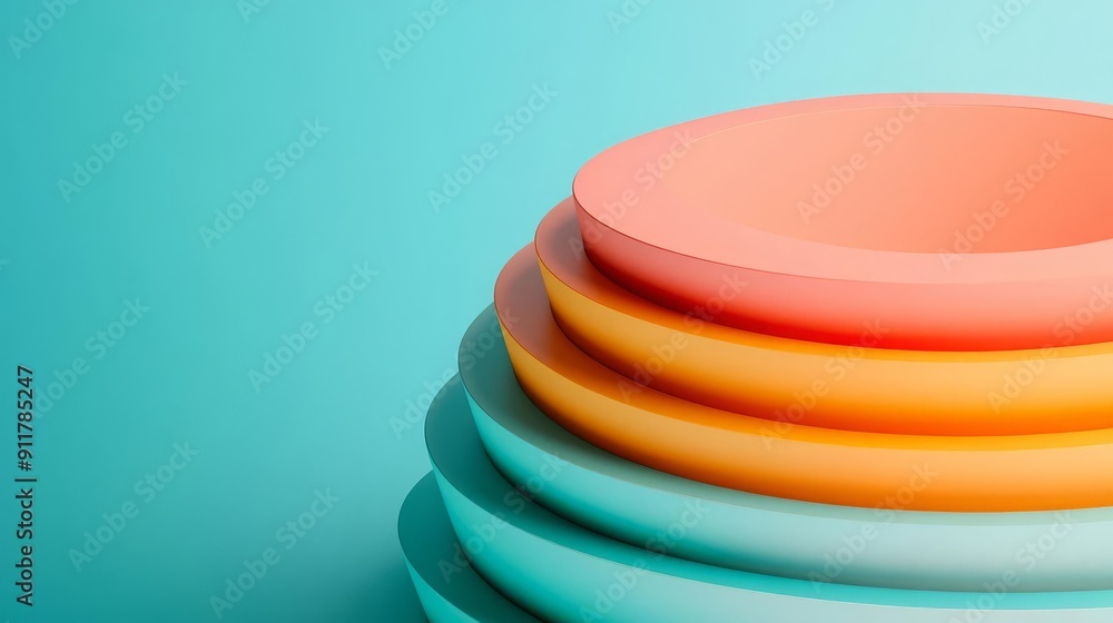 custom made wallpaper toronto digitalStack of colorful round plates in varying sizes against a gradient turquoise background, modern and minimalistic kitchenware composition.