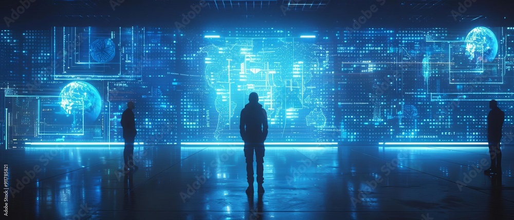 Sci-fi setting with interviewees showcasing skills in a holographic display, Sci-Fi, Blue, 3D Render Sci-fi setting with interviewees showcasing skills in a holographic display, Sci-Fi, Blue, 3D Render