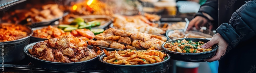 Food truck festival, vibrant colors, delicious dishes, street setting, inviting Food truck festival, vibrant colors, delicious dishes, street setting, inviting