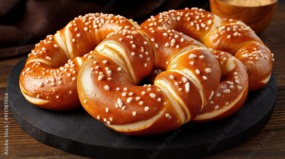 Traditional German food Bretzels: these are pretzels with a golden-brown crust sprinkled with coarse salt, served on a dark platter. Traditional German food Bretzels: these are pretzels with a golden-brown crust sprinkled with coarse salt, served on a dark platter.