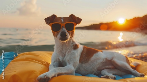 Jack Russel dog on an air mattress by the seaside, wearing sunglasses generative ai
