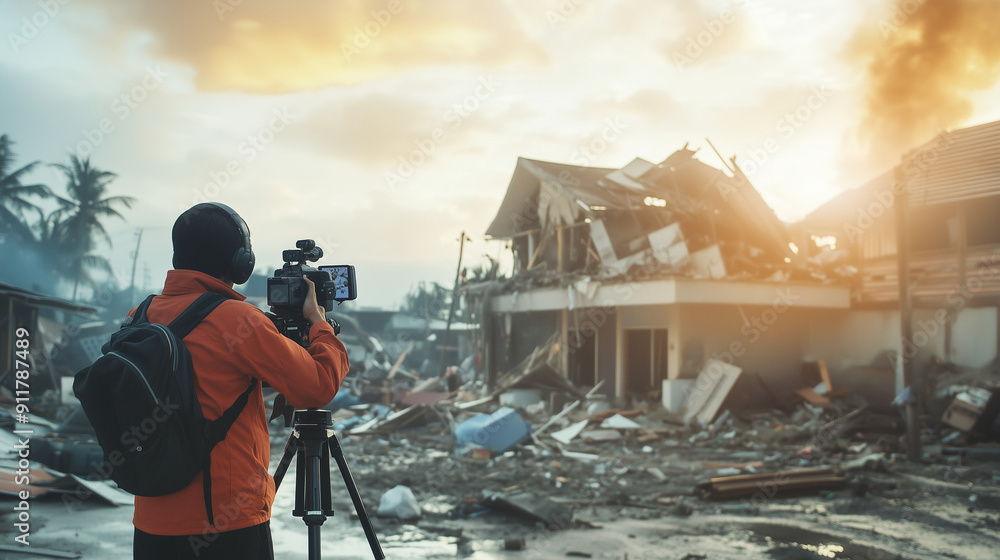 Fototapeta premium Journalist reporting live from a disaster zone, using augmented reality overlays to provide real-time updates and information