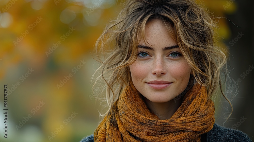 Portrait of a content woman in her 30s with autumn colors. Portrait of a content woman in her 30s with autumn colors.