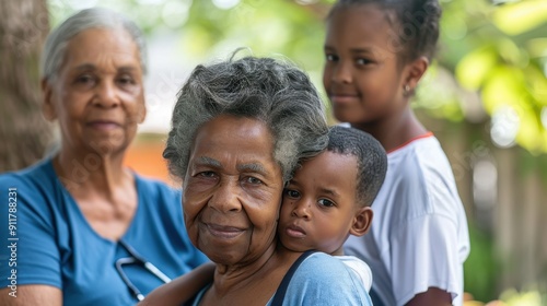 A grandmother lovingly holds her grandchild while mother and another child smile together in a sunny outdoor setting