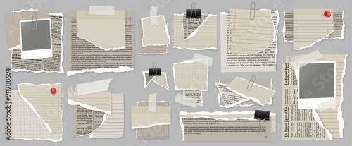 vintage different collage items on top sets of torn paper ripped blocks post its lined and grid with photographs and binder cliips