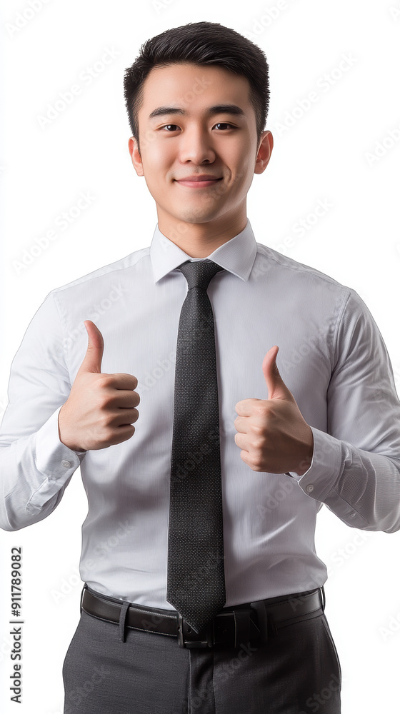 Young Professional Asian Man Giving Thumbs Up in Formal Attire. Isolated on White Background. Young Professional Asian Man Giving Thumbs Up in Formal Attire. Isolated on White Background.