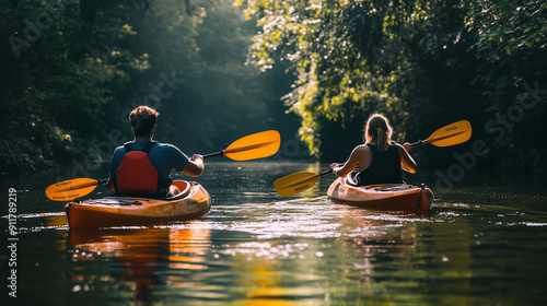 two people kayaking in river