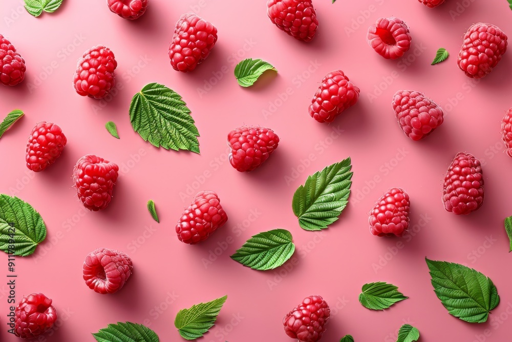 Fresh ripe raspberries and green leaves on a pink background Fresh ripe raspberries and green leaves on a pink background