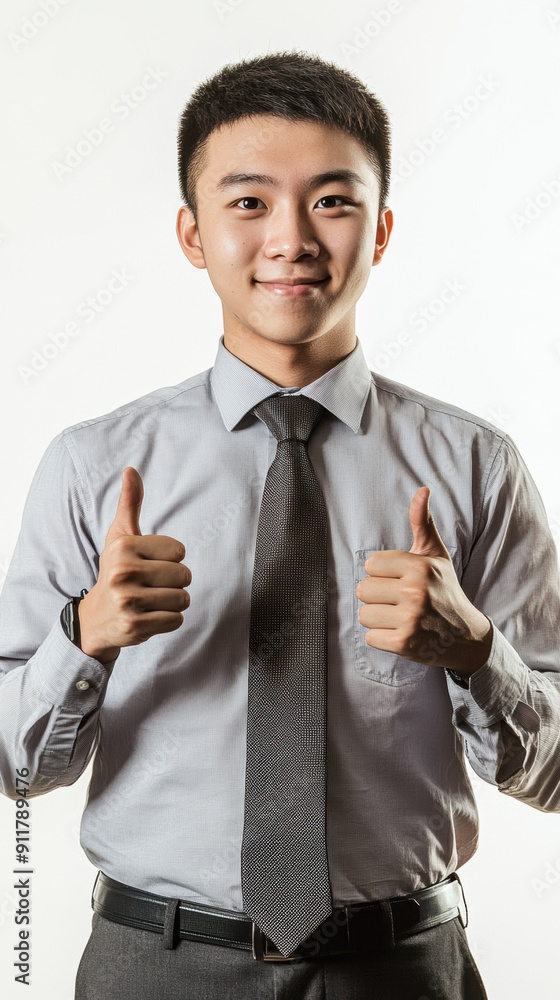 Young Professional Asian Man Giving Thumbs Up in Formal Attire. Isolated on White Background. Young Professional Asian Man Giving Thumbs Up in Formal Attire. Isolated on White Background.