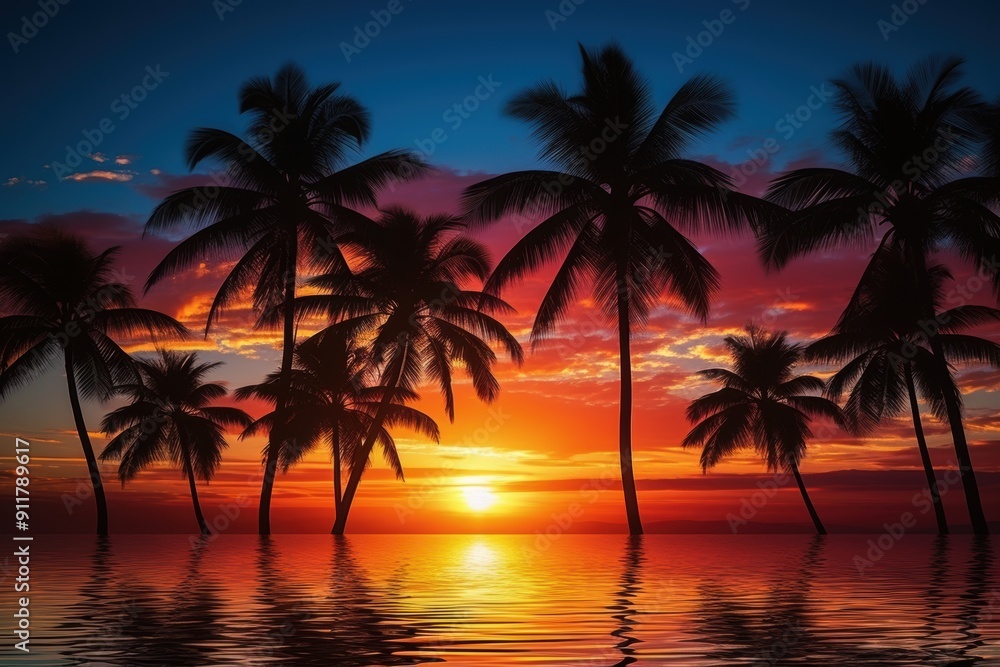 Silhouette of palm trees at tropical sunrise or sunset, close up Silhouette of palm trees at tropical sunrise or sunset, close up