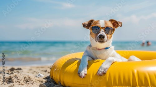 Jack Russel dog resting and relaxing on a swimming ring on the beach, by the ocean, wearing sunglasses generative ai