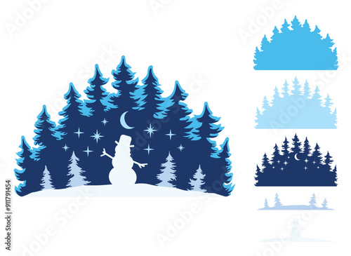 Multilayer Snowman in Snowy Forest, Christmas Night, Hand Drawn Vector Illustration
